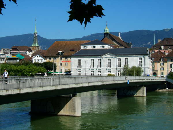 The river Aar at Solothurn, the footbridge Kreuzackerbrücke, the Palace Besenval